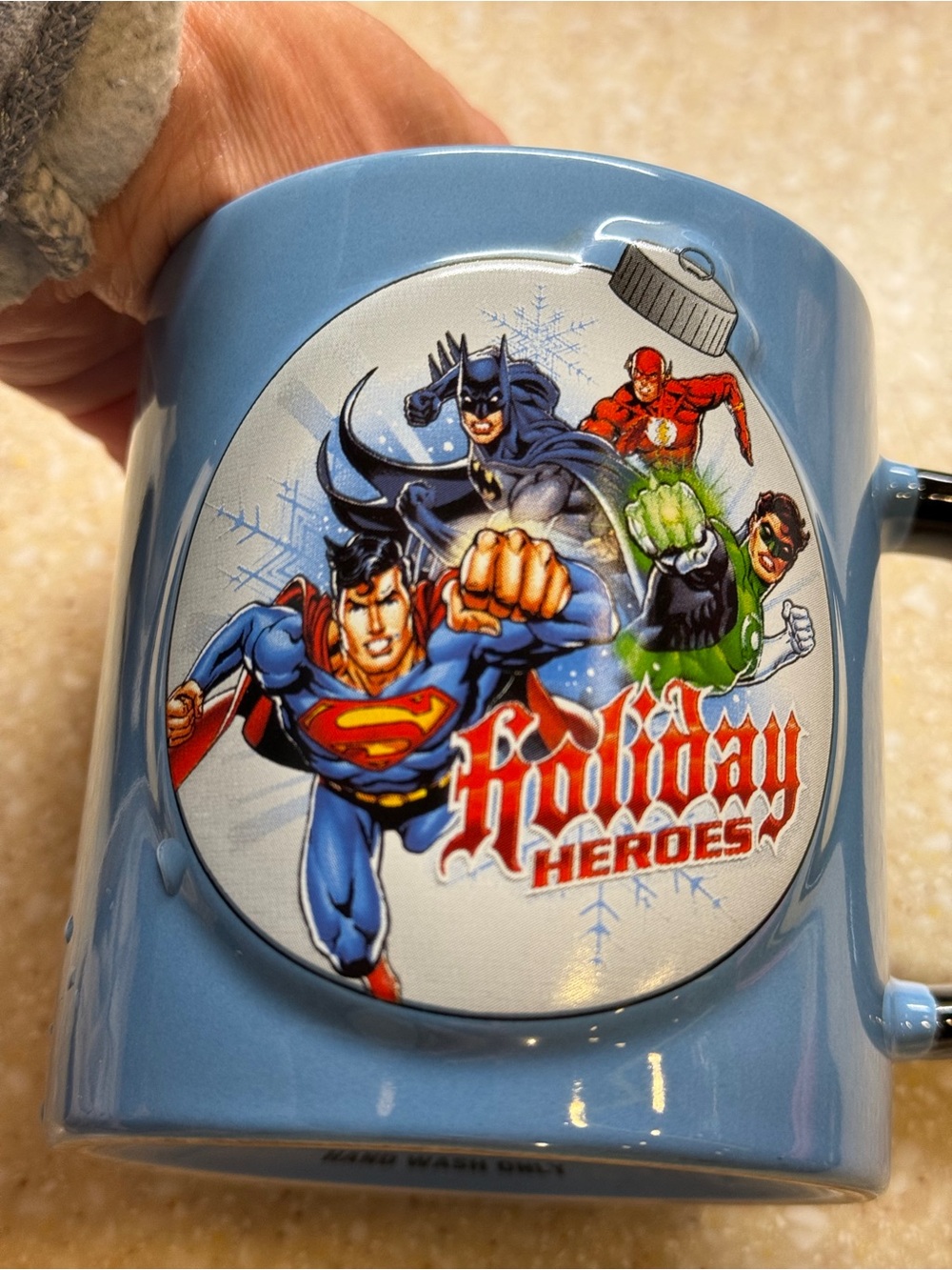 DC Comics Holiday Heroes Light Blue Ceramic Mug with Superhero Artwork
